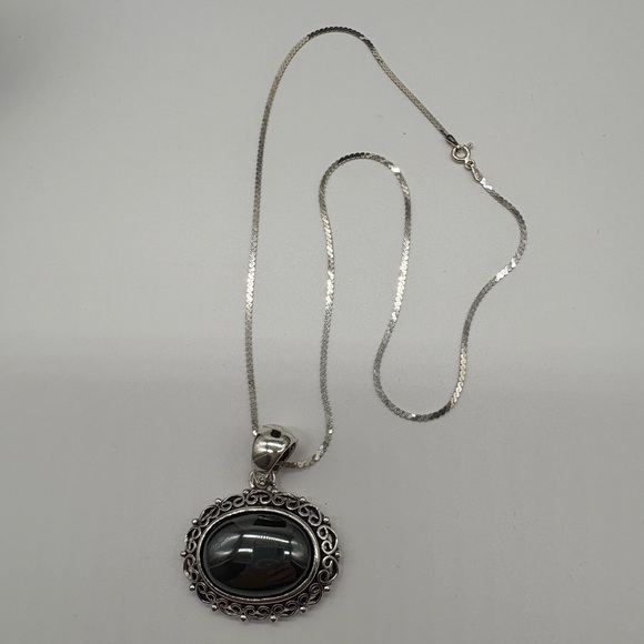 Sterling Silver Chain with Silver Tone Hematite Stone Necklace - Picture 2 of 9